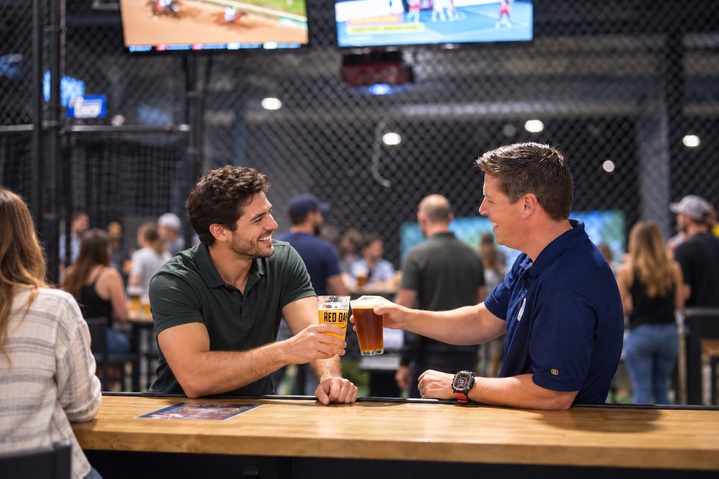 Two guests raising their glasses together at the Hitters bar